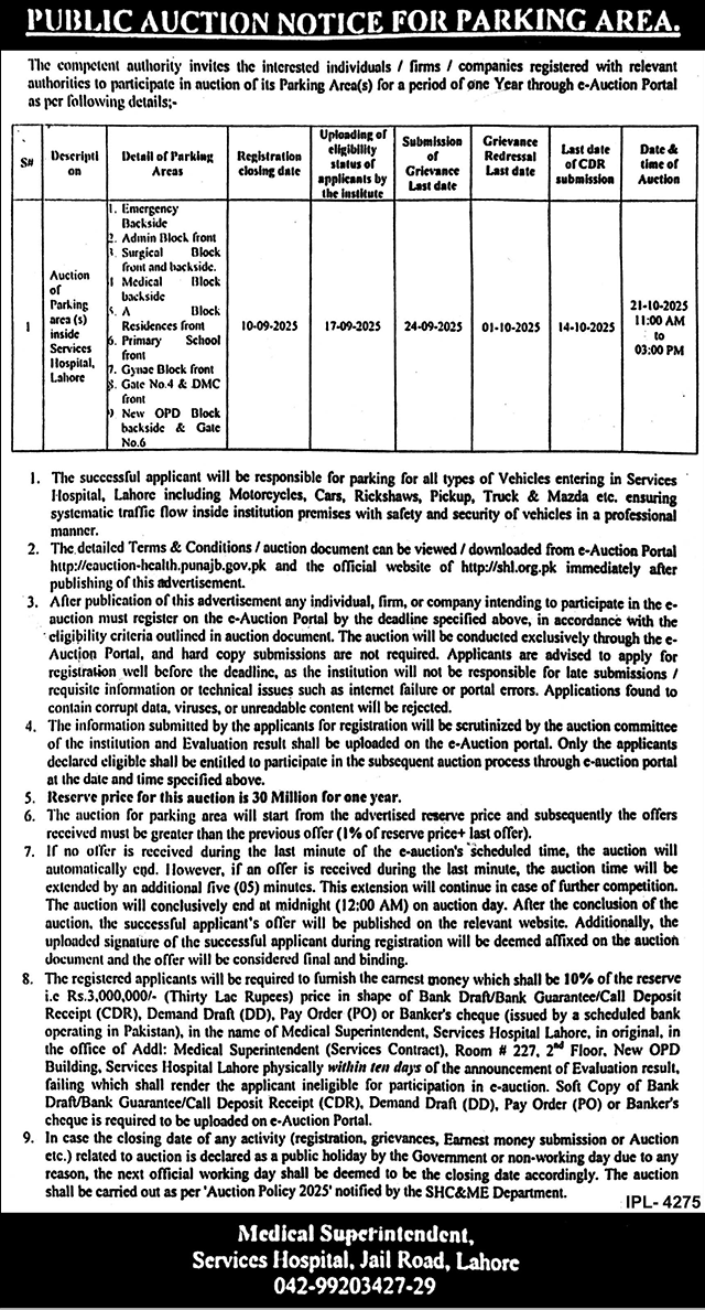 Services Hospital Lahore Tender Notice